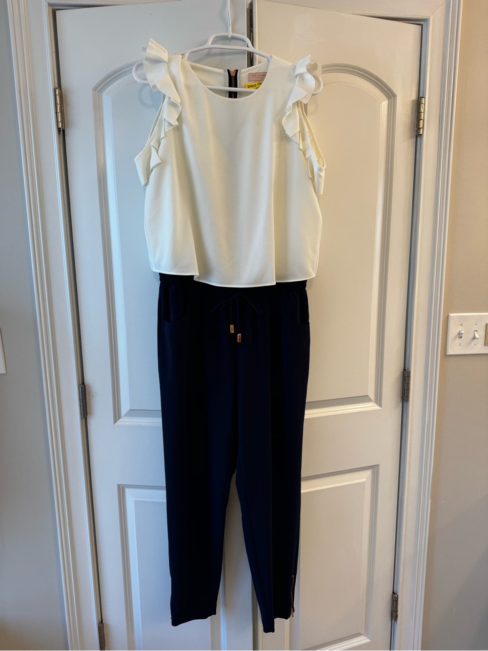 Ted Baker Ivory Ruffle-Sleeve Jumpsuit with Navy Pants